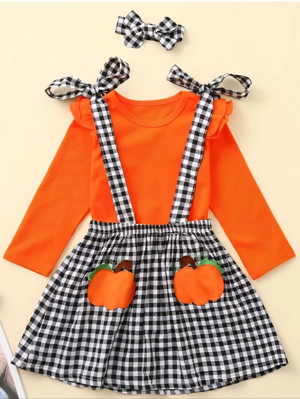 New Toddler Girls 3-Piece Pumpkin Gingham Overall Skirt Outfit Set 4/5